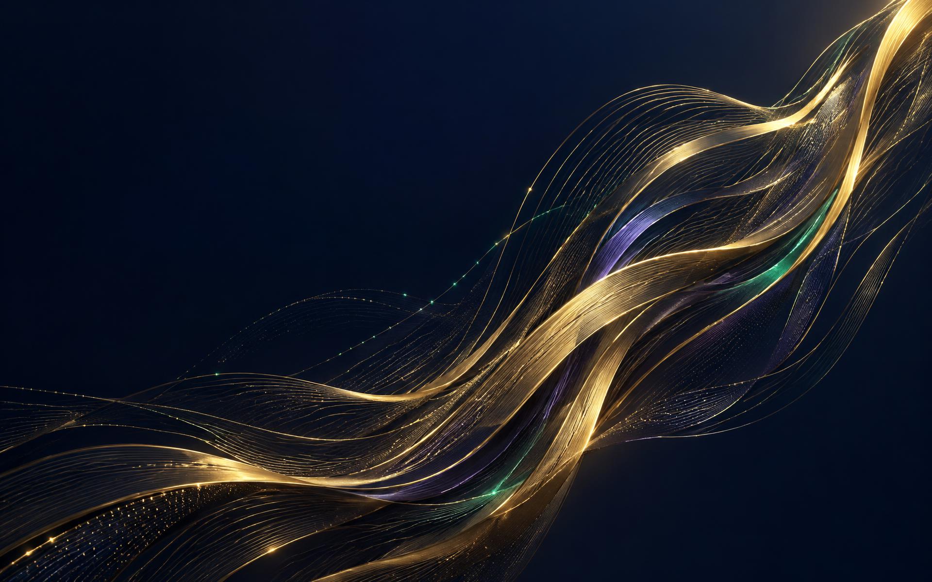 Abstract gold streams flowing upward through hints of violet and emerald on deep navy